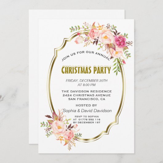 Romantisch Roze Blush Bloemen Goud Kerstfeest Kaart (Voorkant / Achterkant)