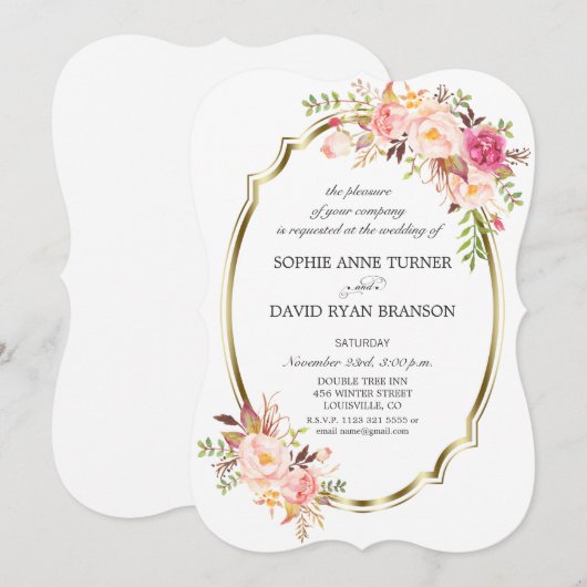 Romantisch Roze Blush Bloemen Goud Lijst Huwelijk Kaart (Voorkant / Achterkant)