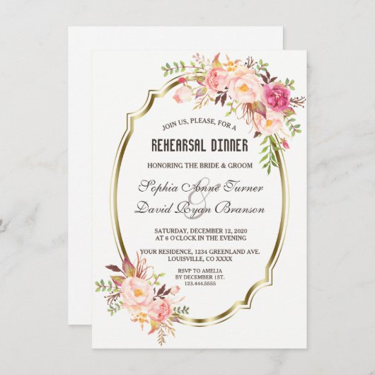 Romantisch Roze Blush Bloemen Goud Repetitie Diner Kaart (Voorkant / Achterkant)