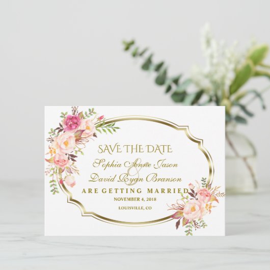 Romantisch Roze Blush Bloemen Gouden Huwelijk Save The Date (Staand voorkant)