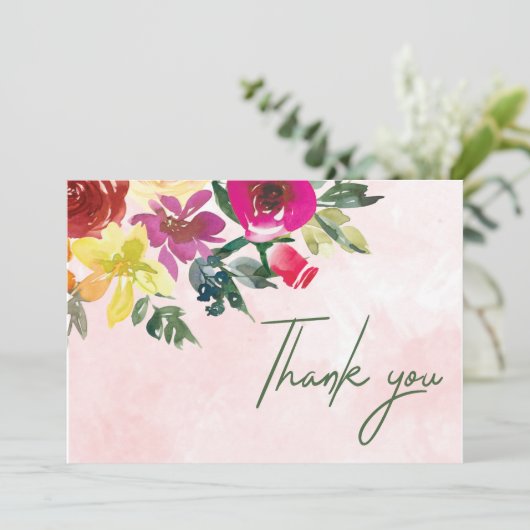 Romantisch Roze Blush Greenery Waterverf bruiloft Bedankkaart (Staand voorkant)