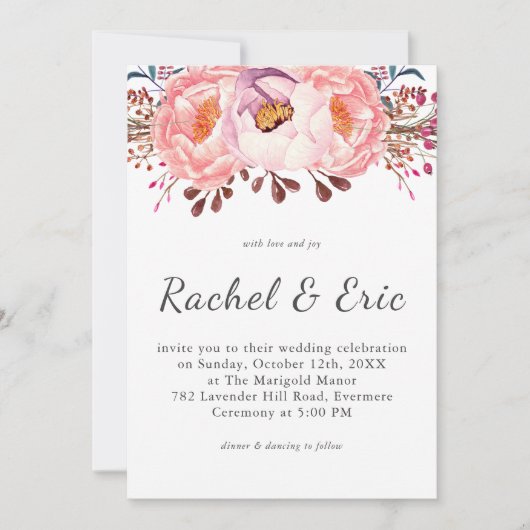 Romantisch Roze Blush Pioen Bloemen Huwelijk Kaart (Voorkant)