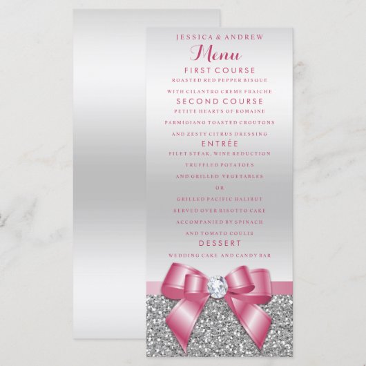 Romantisch Roze Bow & Zilver Glitter Wedding Menu (Voorkant / Achterkant)