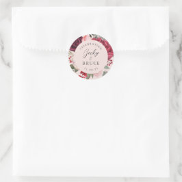 Romantisch roze bruidsboeket bruid & bruidegom ronde sticker
