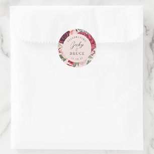 Romantisch roze bruidsboeket bruid & bruidegom ronde sticker