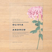 Romantisch Roze Chrysanthemum Botanische bruiloft Acryl Uitnodigingen (Voorkant)