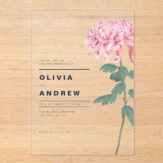 Romantisch Roze Chrysanthemum Botanische bruiloft Acryl Uitnodigingen (Voorkant)