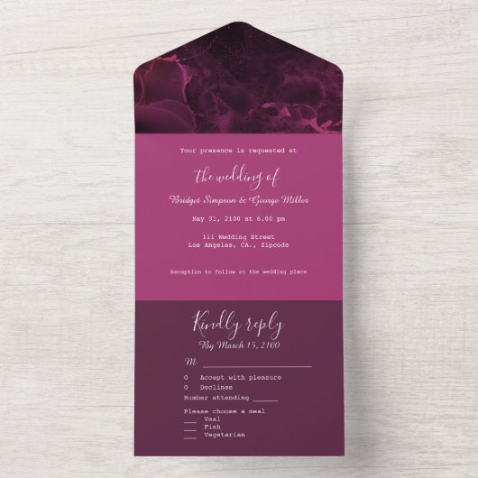 Romantisch roze elegant marmer all in one uitnodiging (Binnen)