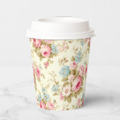 Romantisch Roze Engels Rozen op Bord Geel Papieren Bekers (Achterkant)