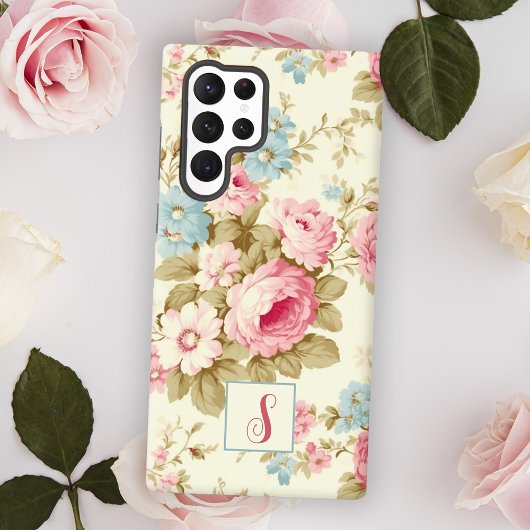 Romantisch Roze Engels Rozen op geel w / Monogram Samsung Galaxy Hoesje