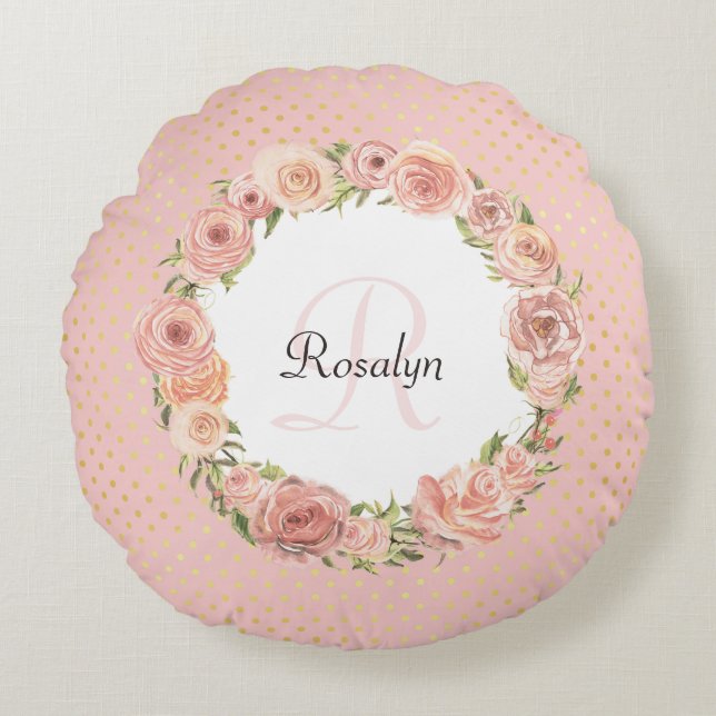 Romantisch Roze Gevlekt Roos Bloemen Monogrammed N Rond Kussen (Voorkant)
