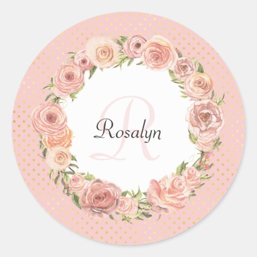 Romantisch Roze Gevlekt Roos Bloemen Monogrammed N Ronde Sticker (Voorkant)