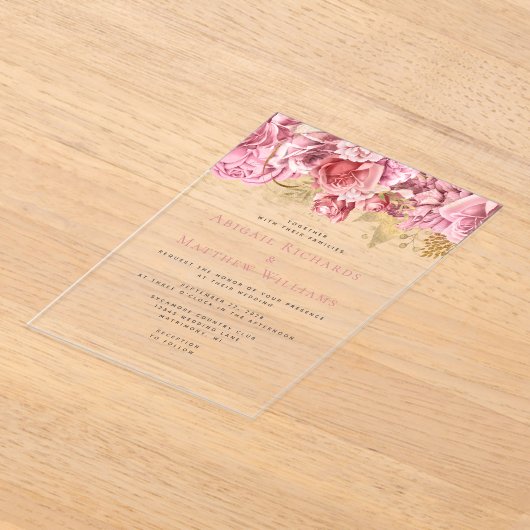 Romantisch Roze Goud Bloemen Huwelijk Acryl Uitnodigingen (Laagn)