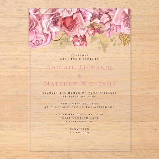 Romantisch Roze Goud Bloemen Huwelijk Acryl Uitnodigingen (Voorkant)