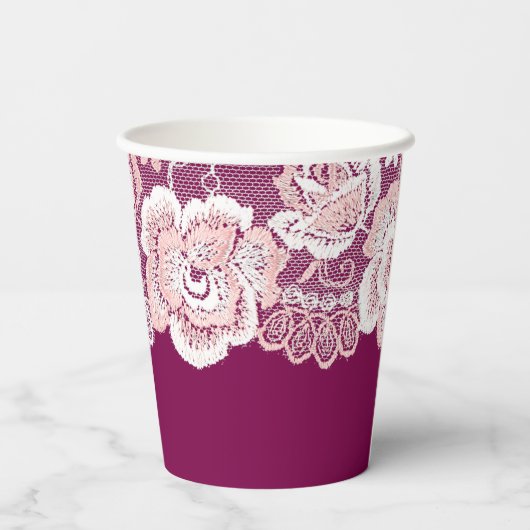 Romantisch Roze Kant Bloemen Huwelijk Papieren Bekers (Achterkant)
