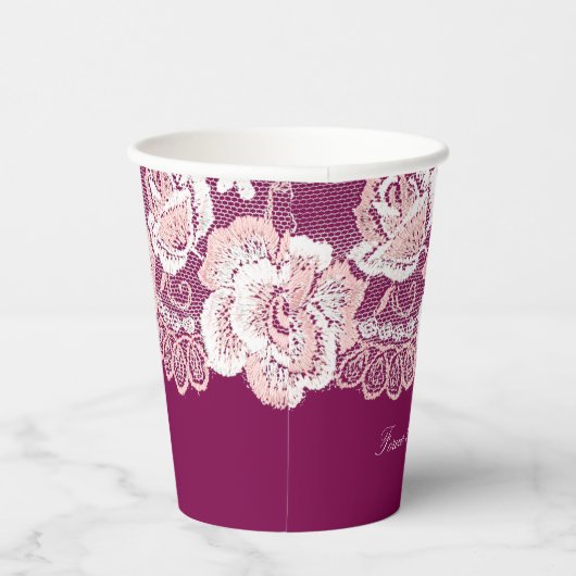 Romantisch Roze Kant Bloemen Huwelijk Papieren Bekers (Rechts)