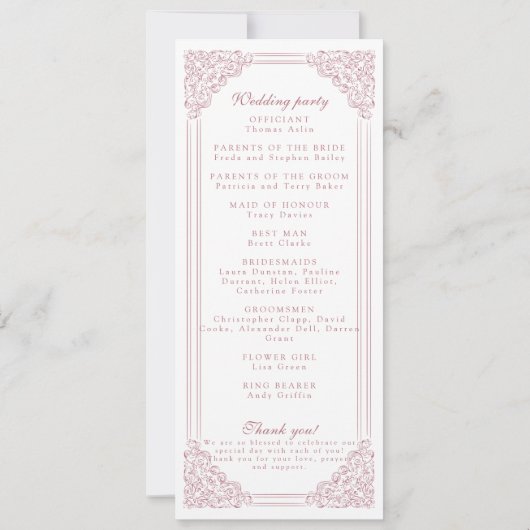 Romantisch Roze Lijst Elegant Script Programma (Achterkant)
