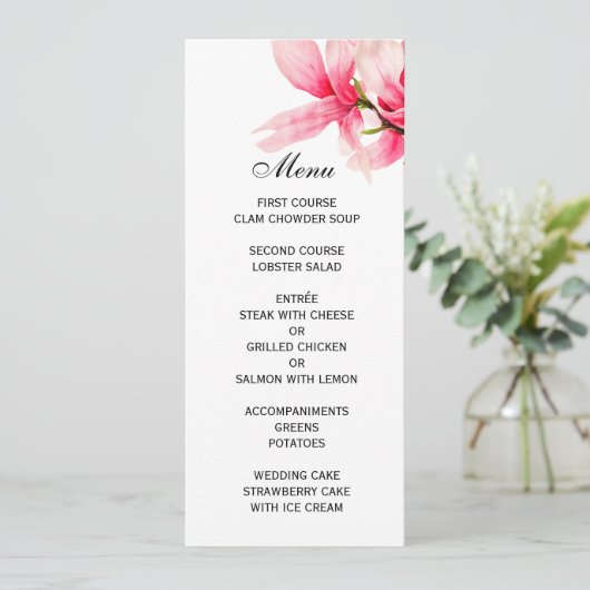 Romantisch Roze Magnolia Bloemen Bruiloftsmenu Menu (Staand voorkant)