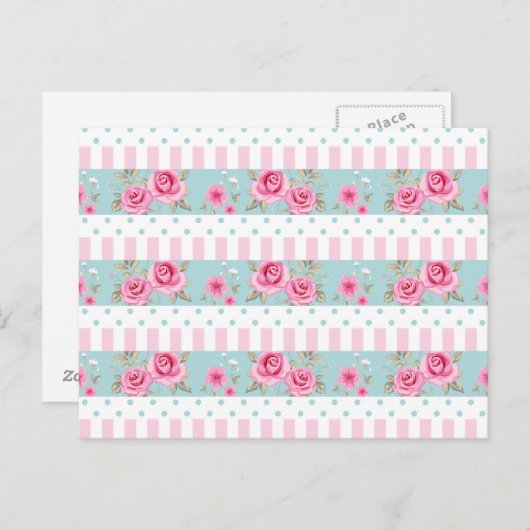 Romantisch  Roze & Mint Bloemen Rozen Patroon Briefkaart (Voorkant / Achterkant)