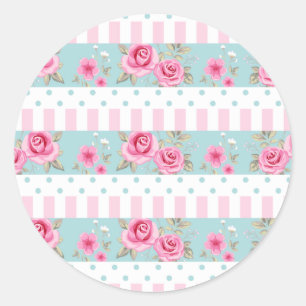 Romantisch Roze & Mint Bloemen Rozen Patroon Ronde Sticker