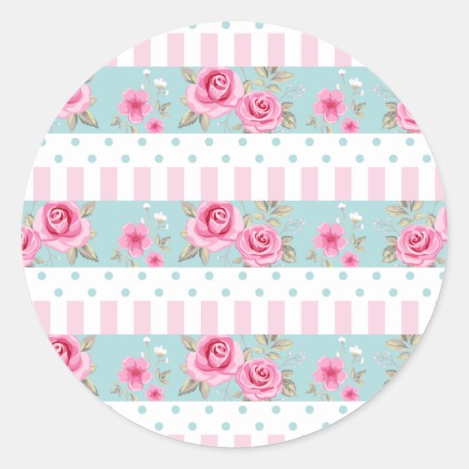 Romantisch Roze & Mint Bloemen Rozen Patroon Ronde Sticker (Voorkant)
