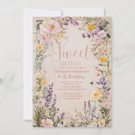 Romantisch Roze Pastel Wildflowers Sweet 16 Invita Kaart (Voorkant)
