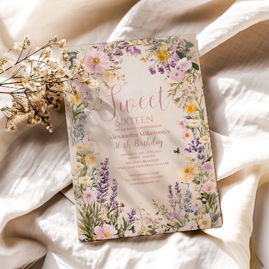 Romantisch Roze Pastel Wildflowers Sweet 16 Invita Kaart