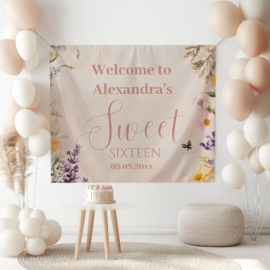 Romantisch Roze Pastel Wildflowers Sweet 16 Spandoek