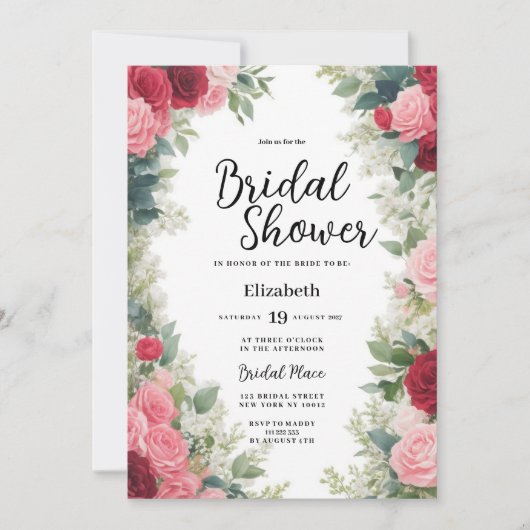 Romantisch roze rood wit munt rozen bloemenbruilof kaart (Voorkant)