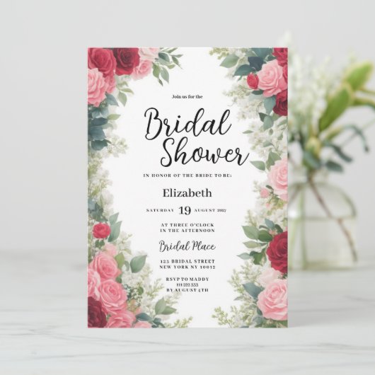 Romantisch roze rood wit munt rozen bloemenbruilof kaart (Staand voorkant)