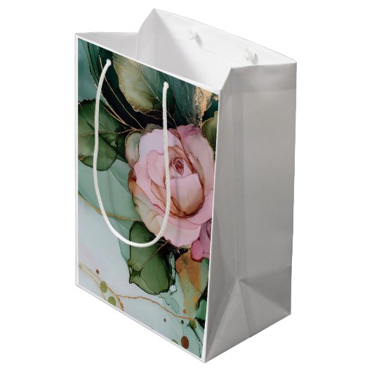 Romantisch Roze Rose Wit Goud Bloemen Vrijgezellen Medium Cadeauzakje (Achterkant Gekanteld)