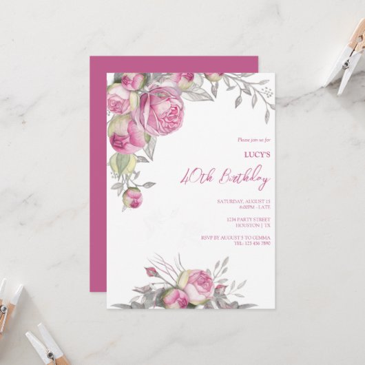 Romantisch Roze Rozen Decoratie Verjaardagsfeest Kaart (Voorkant / Achterkant in situ)