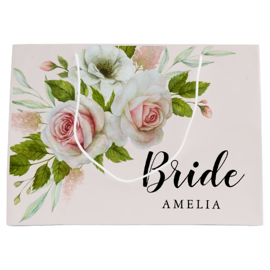 Romantisch Roze Rozen Waterverf Bloemenbruid Groot Cadeauzakje (Voorkant)