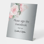 Romantisch Roze Rozen Zilver Bruiloft Gastenboek Reclamebord Met Voetstuk (Voorkant)