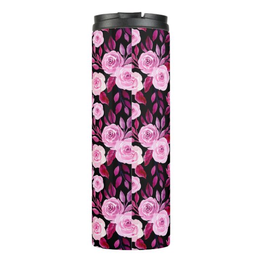 Romantisch Roze Rozen Zwart bloemig  Thermosbeker (Achterkant)