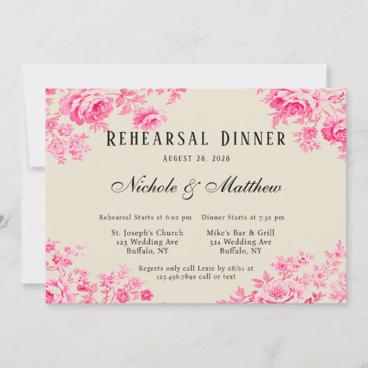 Romantisch Roze Toile Bloem Repetitie Diner Kaart (Voorkant)