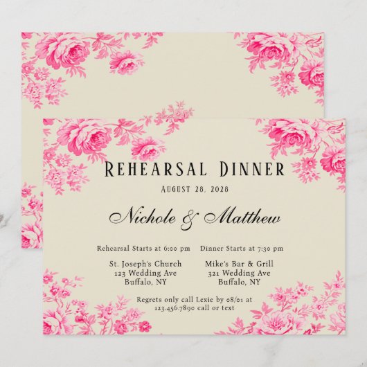 Romantisch Roze Toile Bloem Repetitie Diner Kaart (Voorkant / Achterkant)