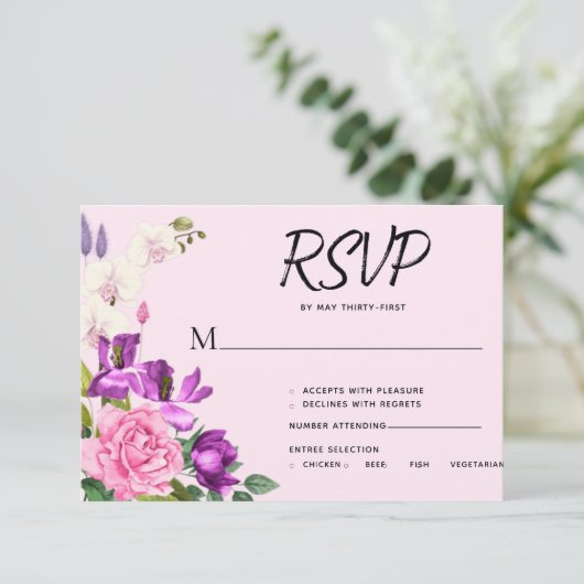 Romantisch Roze Violet Bold Bloem Boeket RSVP Kaartje (Staand voorkant)