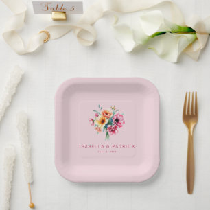 Romantisch roze waterverf bloemboeket papieren bordje
