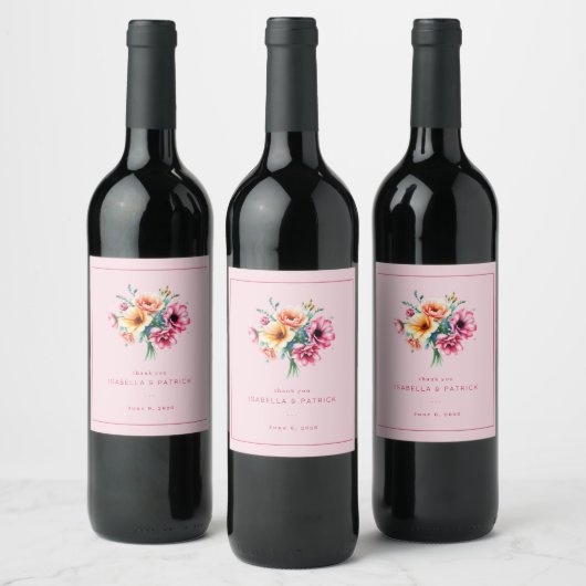 Romantisch roze waterverf bloemboeket wijn etiket (Flessen)
