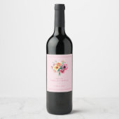 Romantisch roze waterverf bloemboeket wijn etiket (Voorkant)