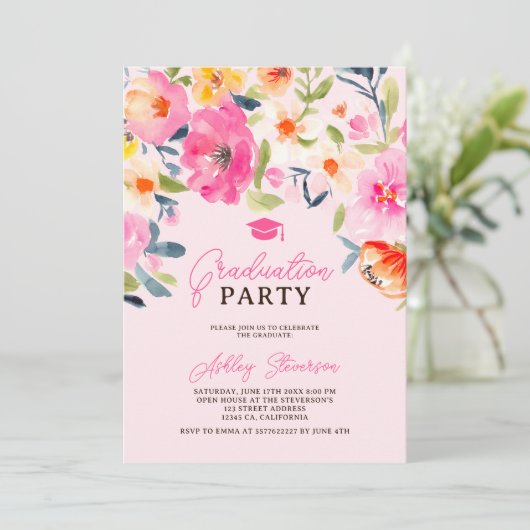 Romantisch Roze Waterverf Bloemen Afstuderen Foto Kaart (Staand voorkant)