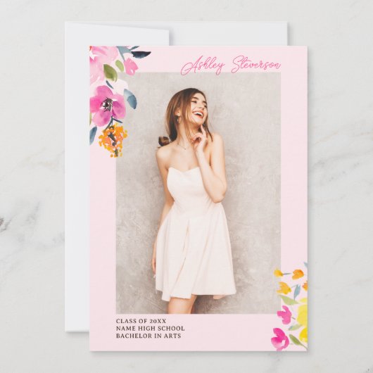 Romantisch Roze Waterverf Bloemen Afstuderen Foto Kaart