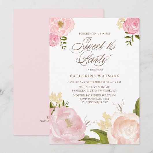 Romantisch Roze Waterverf Bloemen Sweet 16 Party Kaart (Voorkant / Achterkant)