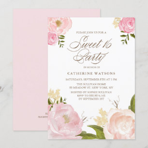 Romantisch Roze Waterverf Bloemen Sweet 16 Party Kaart