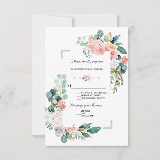 Romantisch Roze Witte Bloemen Lijst bruiloft RSVP Kaartje (Voorkant)