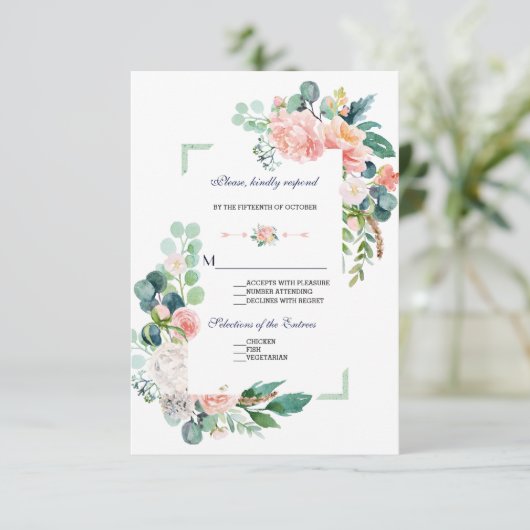 Romantisch Roze Witte Bloemen Lijst bruiloft RSVP Kaartje (Staand voorkant)