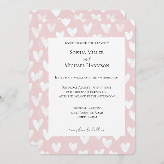 Romantisch Roze Witte Harten Trouwen Kaart (Voorkant / Achterkant)