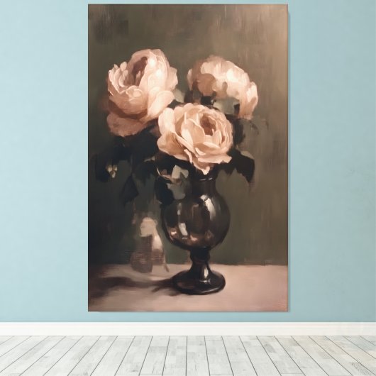 Romantisch rozenboeket in vaas – Classic Still Canvas Afdruk (Insitu (Houten vloer))