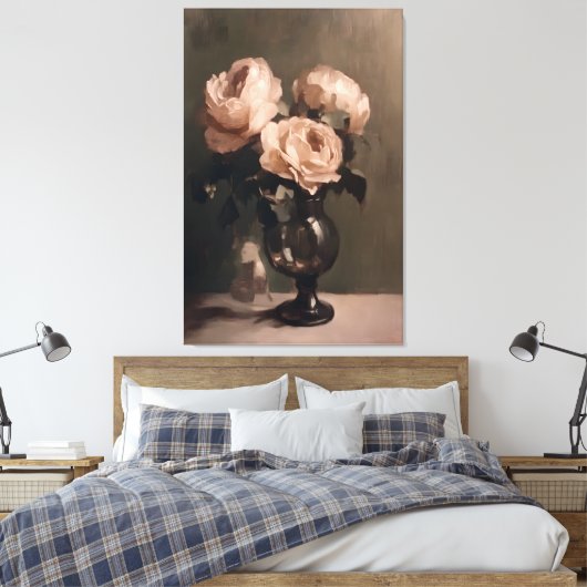 Romantisch rozenboeket in vaas – Classic Still Canvas Afdruk (Insitu (Slaapkamer))